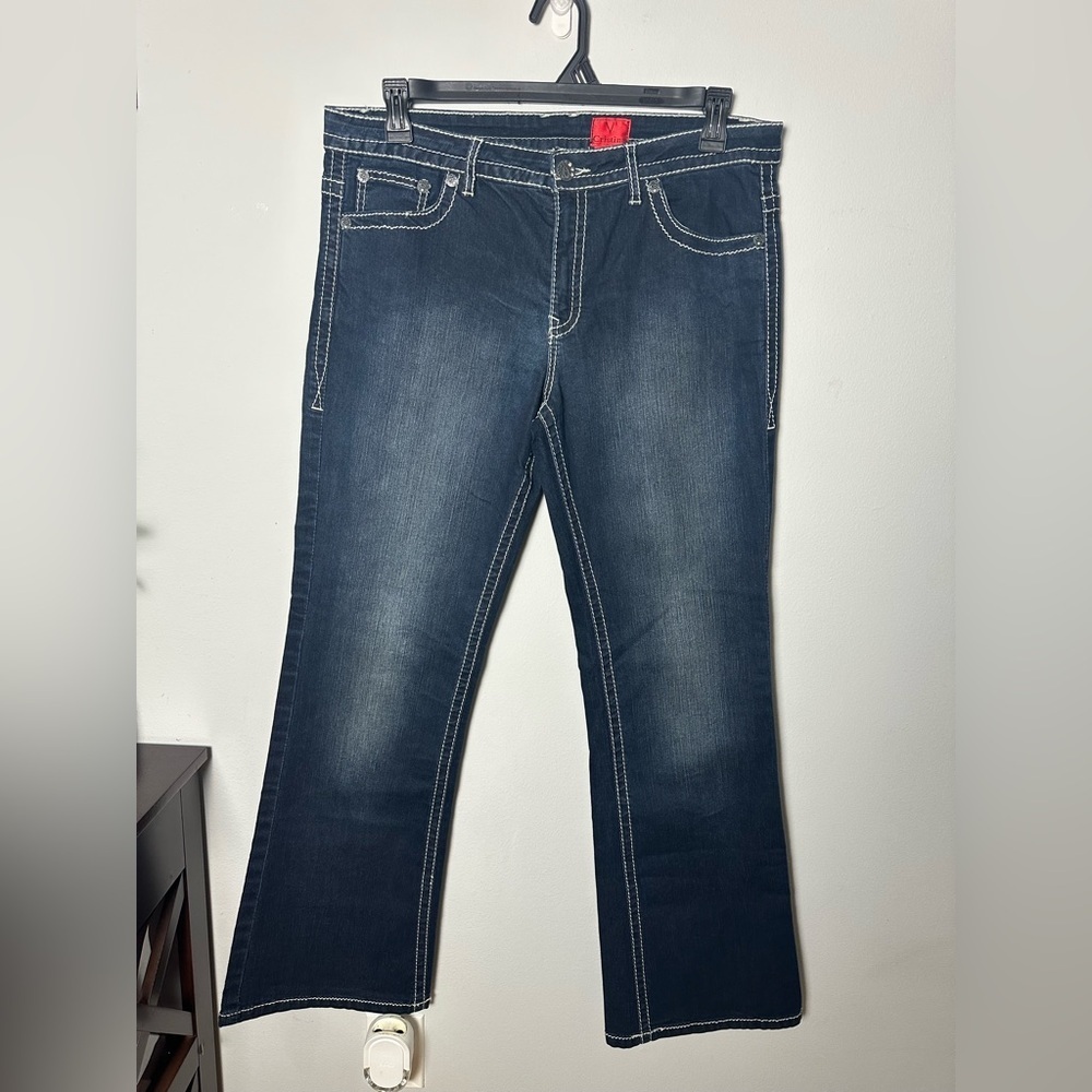 V. Cristina Dark Blue Jeans Embellished Back Pocket Slight Flare Flap Pocket 14